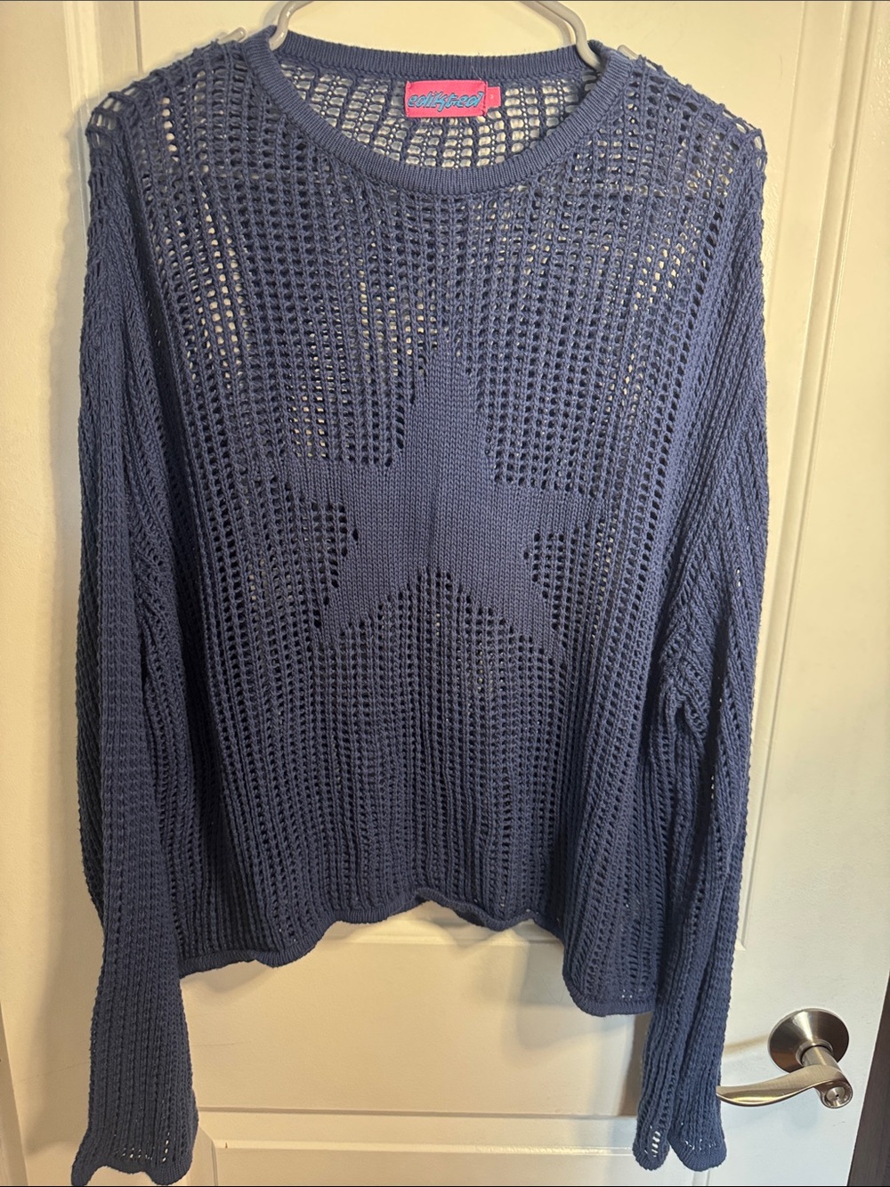Edikted Navy Open-Weave Star Crewneck Sweater
